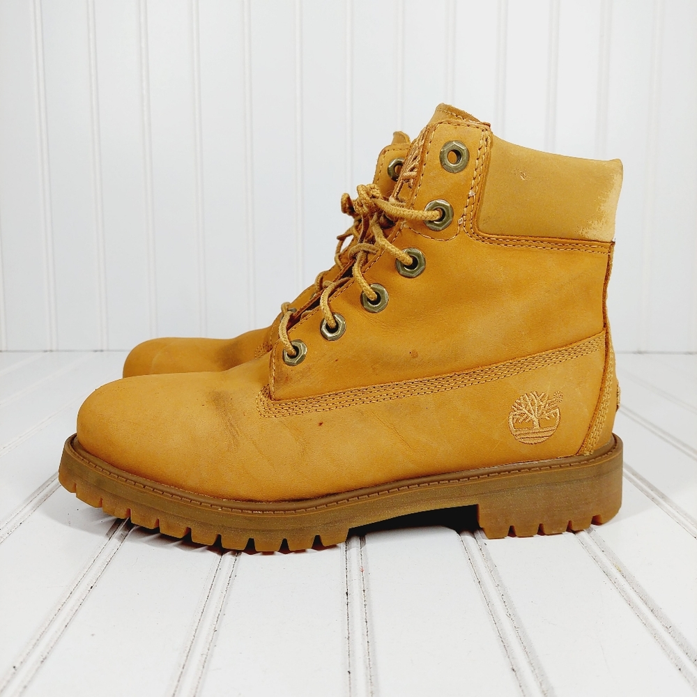 Timberland 6-Inch Premium Waterproof Yellow Tan Youth Lace Up Leather Boots A746